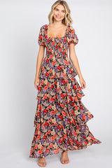 Black Floral Smocked Square Neck Ruffle Layered Maternity Maxi Dress