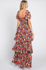 Black Floral Smocked Square Neck Ruffle Layered Maxi Dress