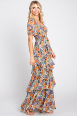 Blue Floral Smocked Square Neck Ruffle Layered Maxi Dress