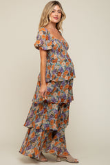 Blue Floral Smocked Square Neck Ruffle Layered Maternity Maxi Dress