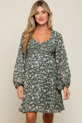 Green Floral Long Puff Sleeve Maternity Dress