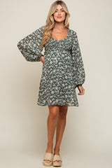 Green Floral Long Puff Sleeve Maternity Dress