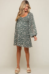 Green Floral Long Puff Sleeve Maternity Dress