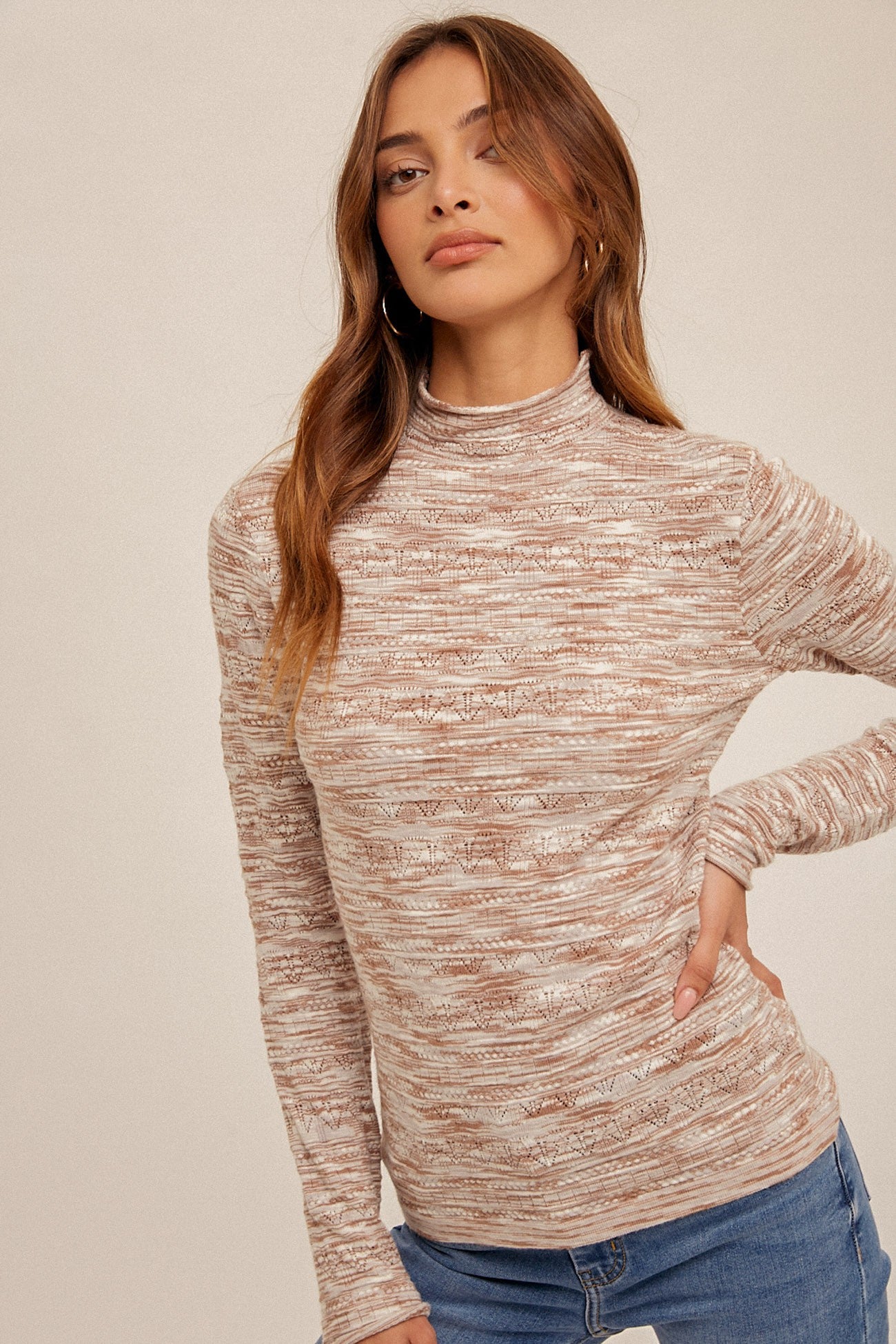 Taupe Mock Neck Long Sleeve Knit Top