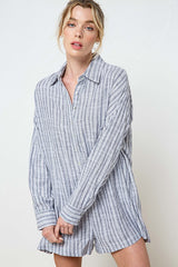 Grey Striped Button Up Linen Romper