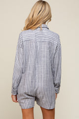 Grey Striped Button Up Linen Maternity Romper