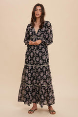 Black Floral Button Front Maternity Maxi Dress