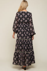 Black Floral Button Front Maternity Maxi Dress