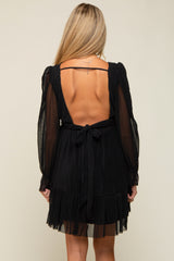 Black Pleated Knotted Long Sleeve Maternity Dress