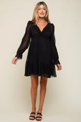 Black Pleated Knotted Long Sleeve Maternity Dress