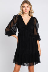Black Pleated Knotted Long Sleeve Maternity Dress