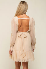 Beige Pleated Knotted Long Sleeve Maternity Dress
