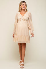 Beige Pleated Knotted Long Sleeve Maternity Dress