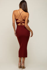 Burgundy Rib Knit Cutout Criss Cross Back Maternity Maxi Dress