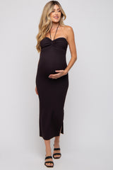 Charcoal Front Twist Halter Maternity Maxi Dress