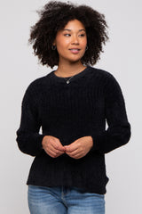 Black Fuzzy Ribbed Knit Sweater