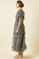 Grey Long Dress With Ruffled Detail