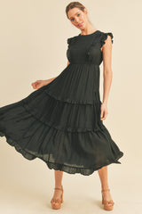 Black Smocked Ruffled Midi Dress