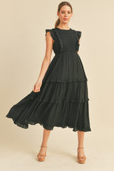 Black Smocked Ruffled Midi Dress