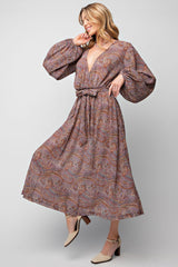 Dusty Lilac Printed Crinkled Chiffon Midi Dress