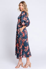 Navy Floral Satin Puff Sleeve Midi Dress