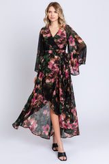 Green Floral Chiffon Wrap Front Hi-Low Dress