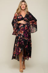 Burgundy Floral Chiffon Wrap Front Hi-Low Maternity Dress