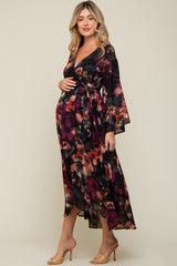 Burgundy Floral Chiffon Wrap Front Hi-Low Maternity Dress