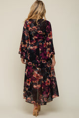 Burgundy Floral Chiffon Wrap Front Hi-Low Maternity Dress