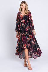 Burgundy Floral Chiffon Wrap Front Hi-Low Maternity Dress