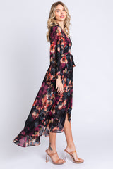 Burgundy Floral Chiffon Wrap Front Hi-Low Dress