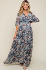 Blue Floral Wrap Front V-Neck Smocked Waist Maternity Maxi Dress