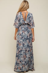 Blue Floral Wrap Front V-Neck Smocked Waist Maternity Maxi Dress