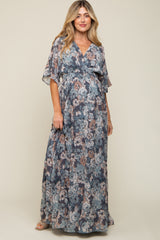 Blue Floral Wrap Front V-Neck Smocked Waist Maternity Maxi Dress