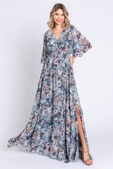 Blue Floral Wrap Front V-Neck Smocked Waist Maternity Maxi Dress