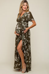 Olive Floral V-Neck Side Slit Maternity Dress