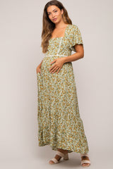 Green Floral Button Front Square Neck Ruffle Hi-Low Maternity Midi Dress