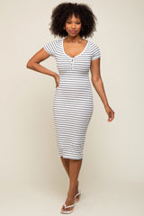 White Striped Ribbed Fitted Maternity Midi Dress