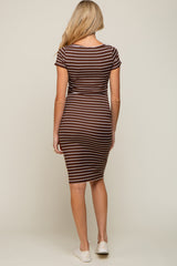 Brown Striped Ribbed Fitted Maternity Midi Dress