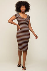 Brown Striped Ribbed Fitted Maternity Midi Dress