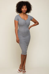 Heather Grey Striped Ribbed Fitted Midi Dress