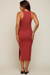 Rust Ribbed Sleeveless Side Slit Maternity Midi Dress