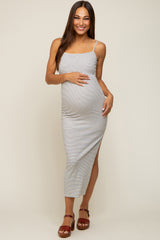 White Striped Sleeveless Fitted Maternity Maxi Dress