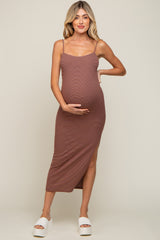 Brown Striped Sleeveless Fitted Maternity Maxi Dress