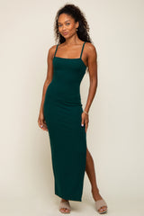 Forest Green Ribbed Side Slit Maternity Midi Dress