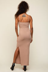 Mocha Ribbed Side Slit Midi Dress