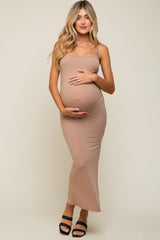 Mocha Ribbed Side Slit Maternity Midi Dress