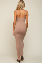 Mocha Ribbed Side Slit Maternity Midi Dress