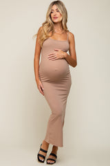 Mocha Ribbed Side Slit Maternity Midi Dress