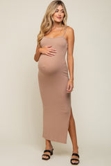 Mocha Ribbed Side Slit Maternity Midi Dress